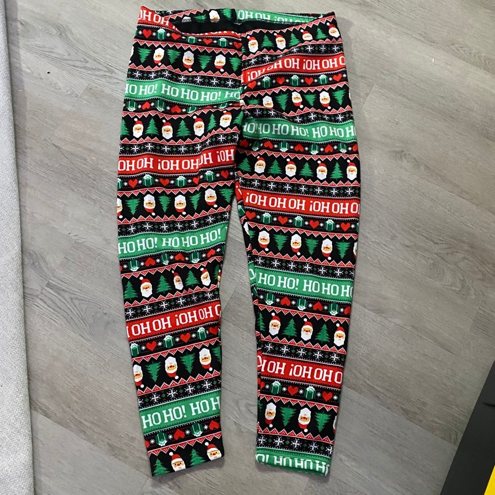 Fleece Leggings Womens XL Multicolor Christmas Santa Fair Isle Ho Ho Ho Holiday